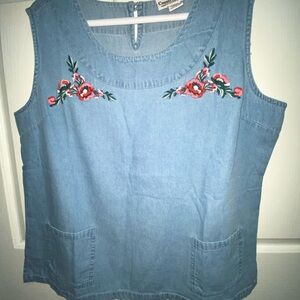 Chic Blue Denim Tank with Red Floral Embroidery